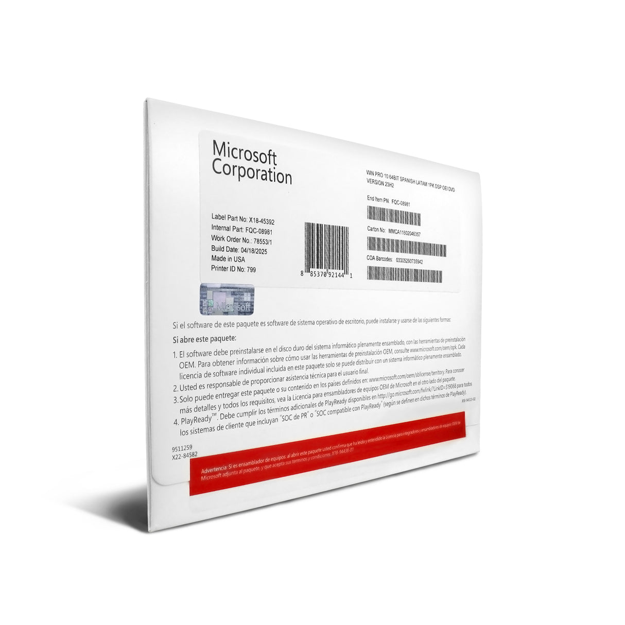 Windows 10 Professional 64 Bits, Español,  1 Licencia DVD, OEM